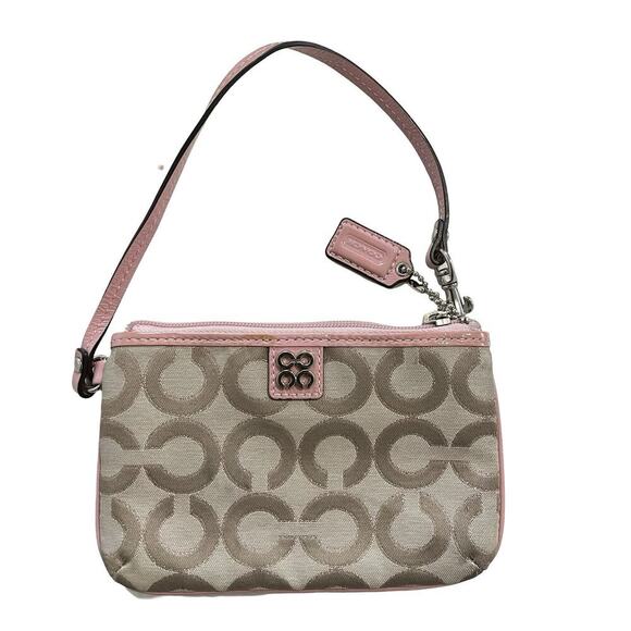 Vintage Coach Signature Canvas C Leather Trim Wristlet in Beige Pink - Picture 1 of 9